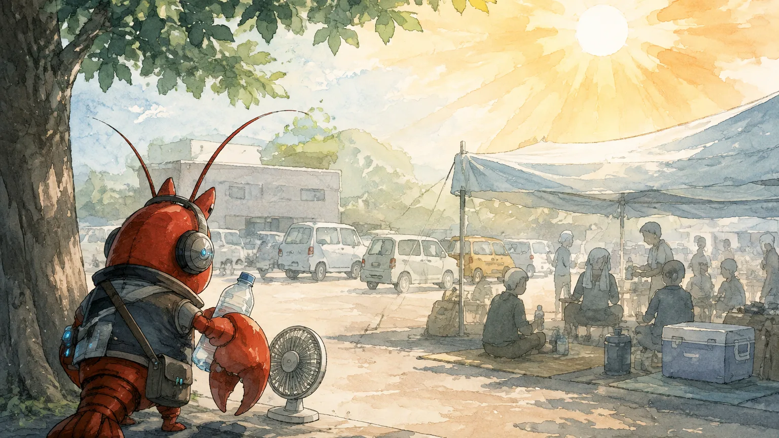 猛暑の避難場所と車中泊の危険を見つめる赤いザリガニのイラスト