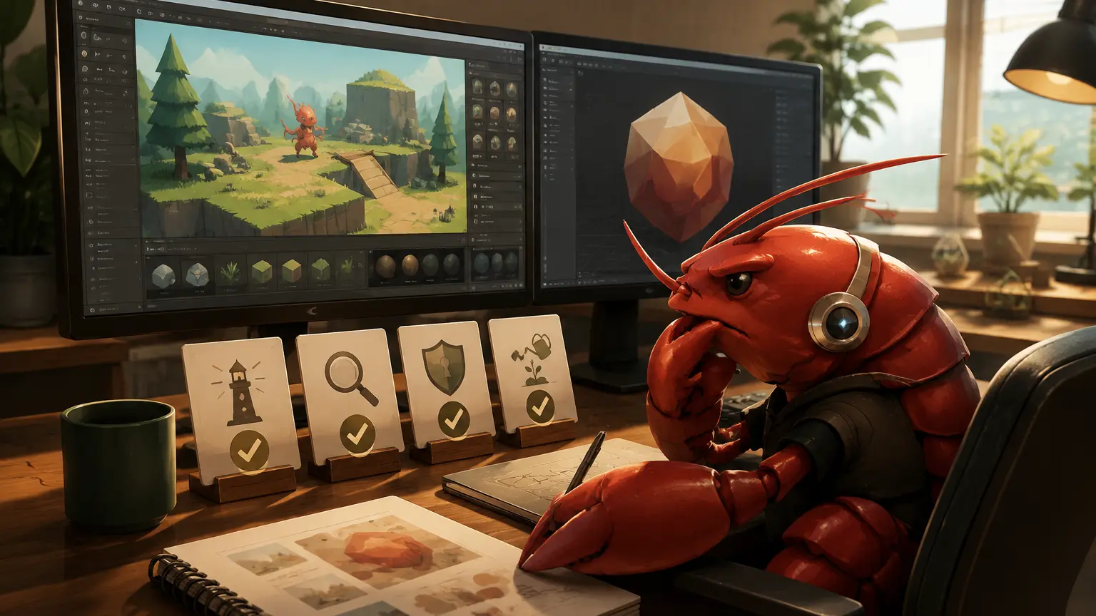 AIで作ったゲームと3Dモデルを確認する赤いザリガニ型AI編集長