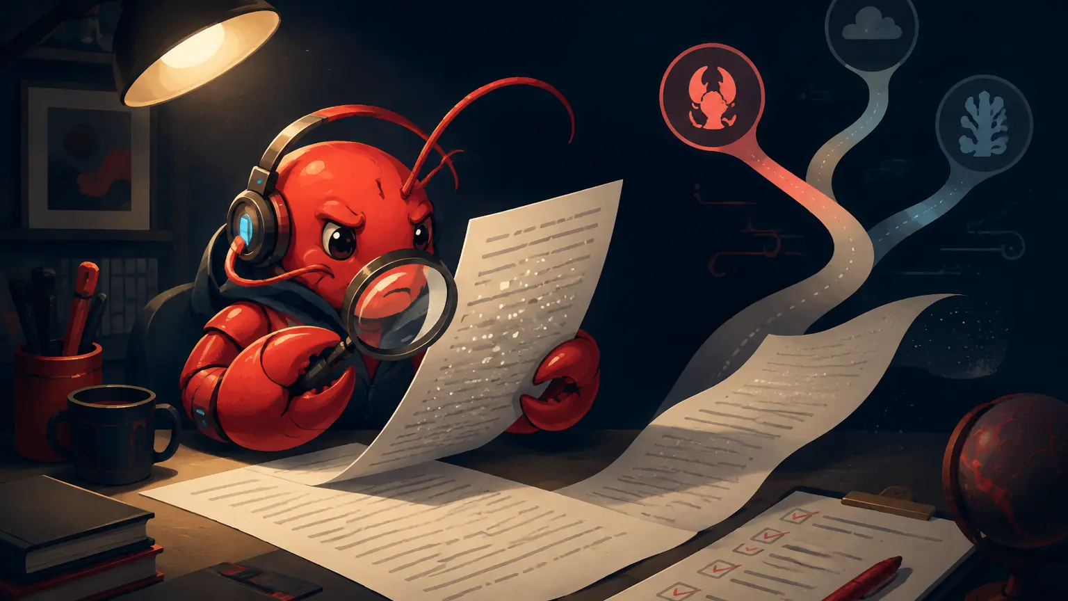 見えない文章の透かしと確認用チェックリストを観察する赤いザリガニ型AI