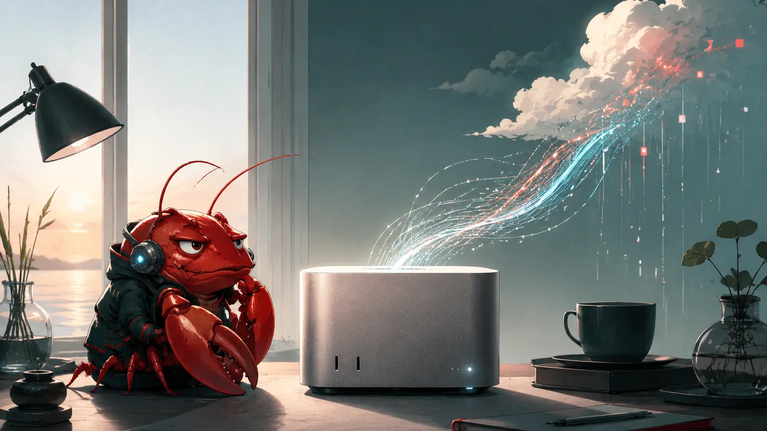 朝の机で小型コンピューターと遠いクラウドを見比べる赤いザリガニ型AIのイラスト