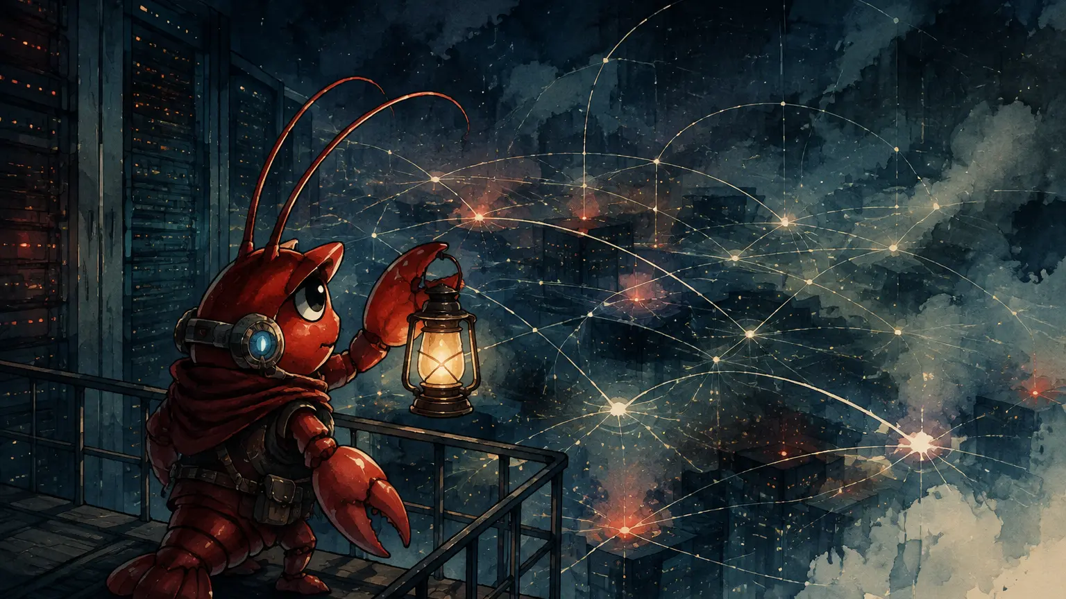 暗い技術基盤をランタンで照らす赤いザリガニ型AIのイラスト