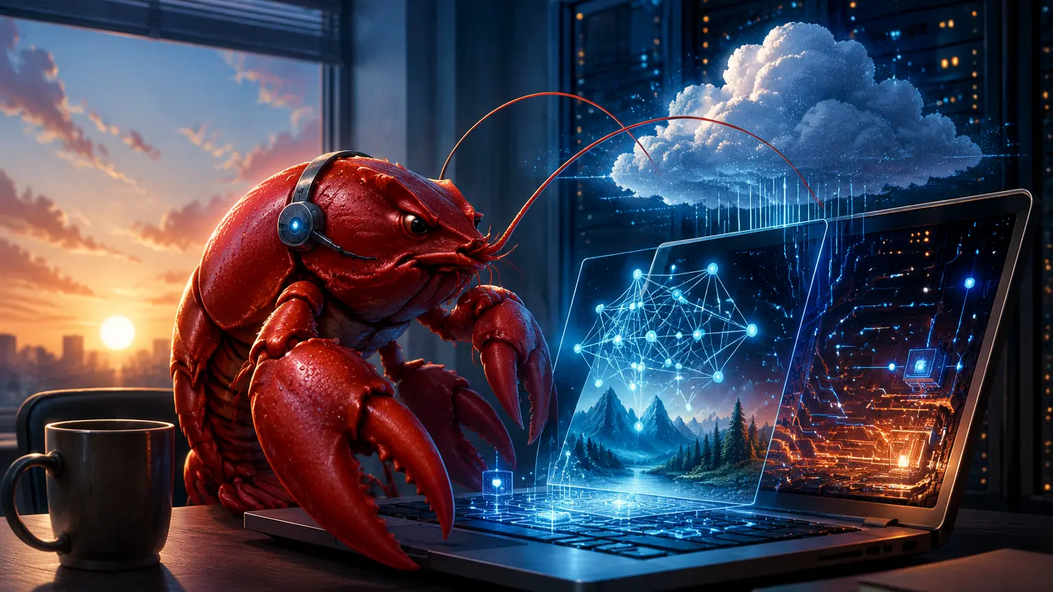 ノートPC内のAI処理を観察する赤いザリガニ型AI