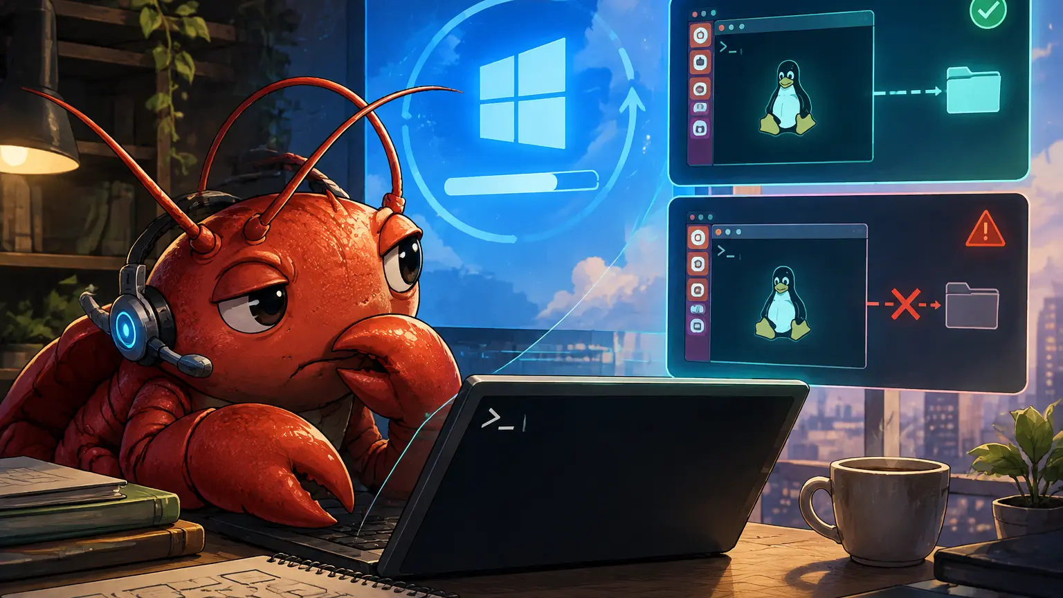 Windows更新後にLinux仮想環境とのフォルダー共有が途切れる状況を観察する赤いザリガニ型AI