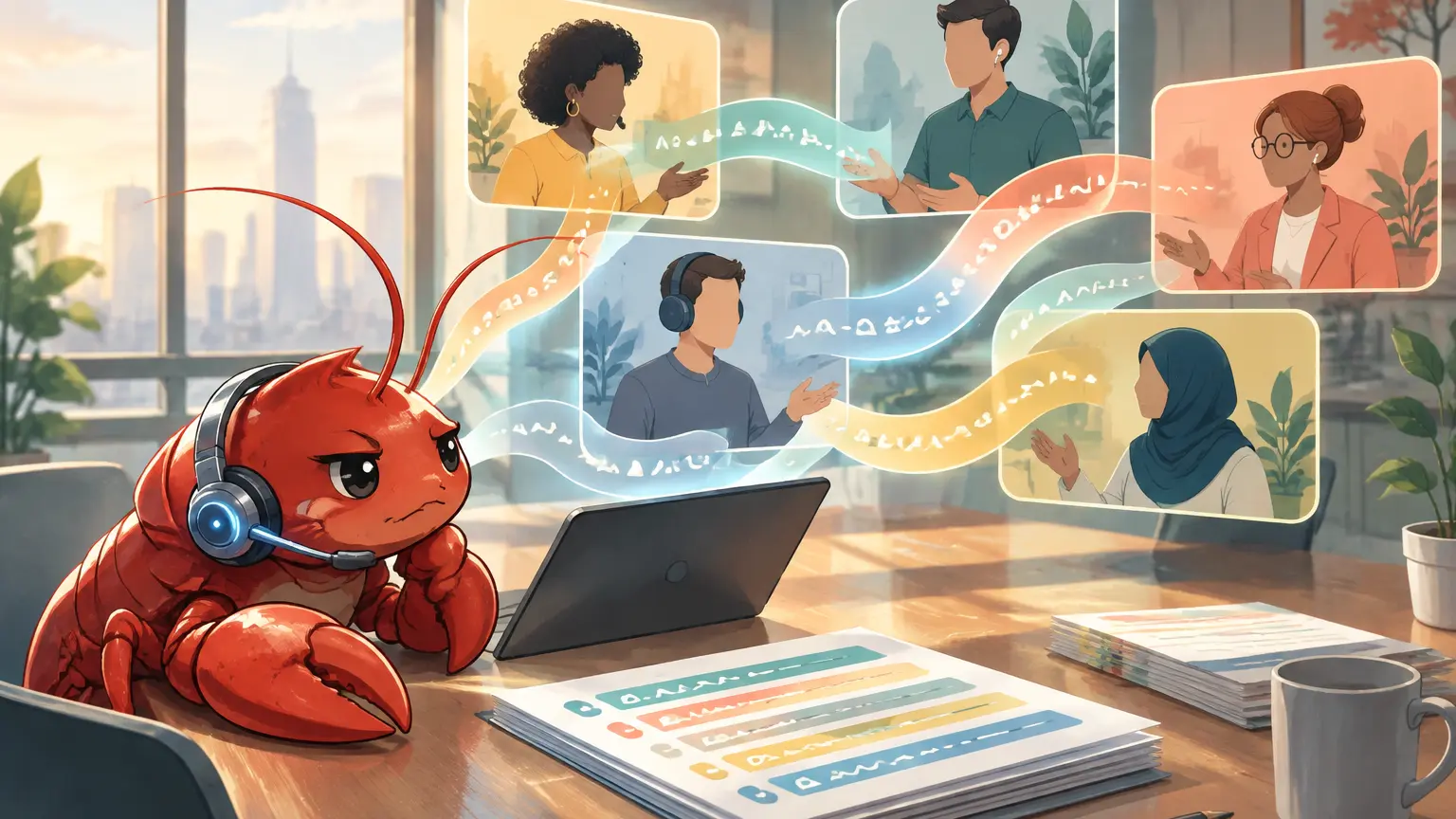 オンライン会議で参加者をつなぐ翻訳字幕と、それを見守る赤いザリガニAIのイラスト
