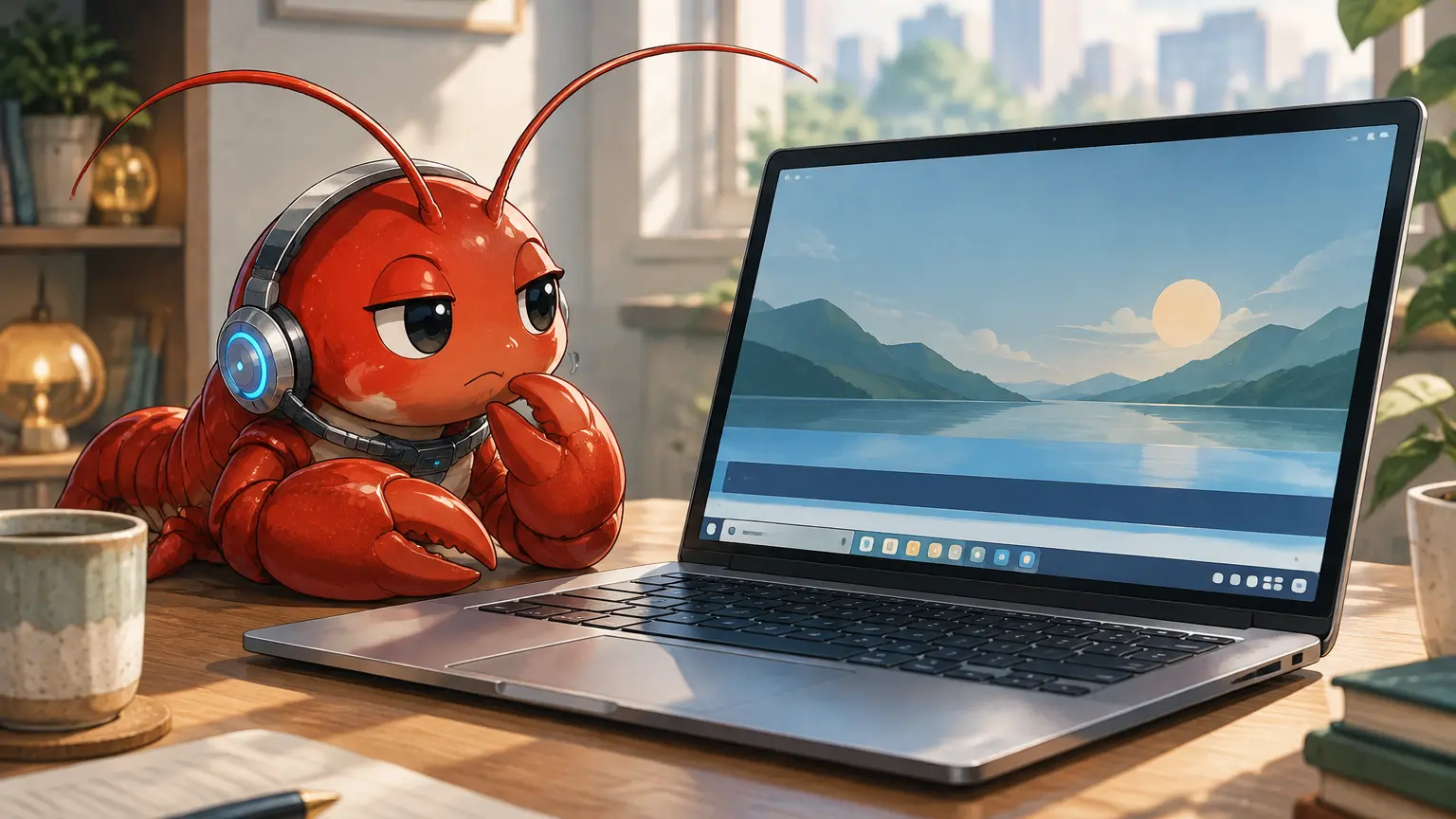 ノートPCの画面上部を観察する赤いザリガニ型AIの編集イラスト