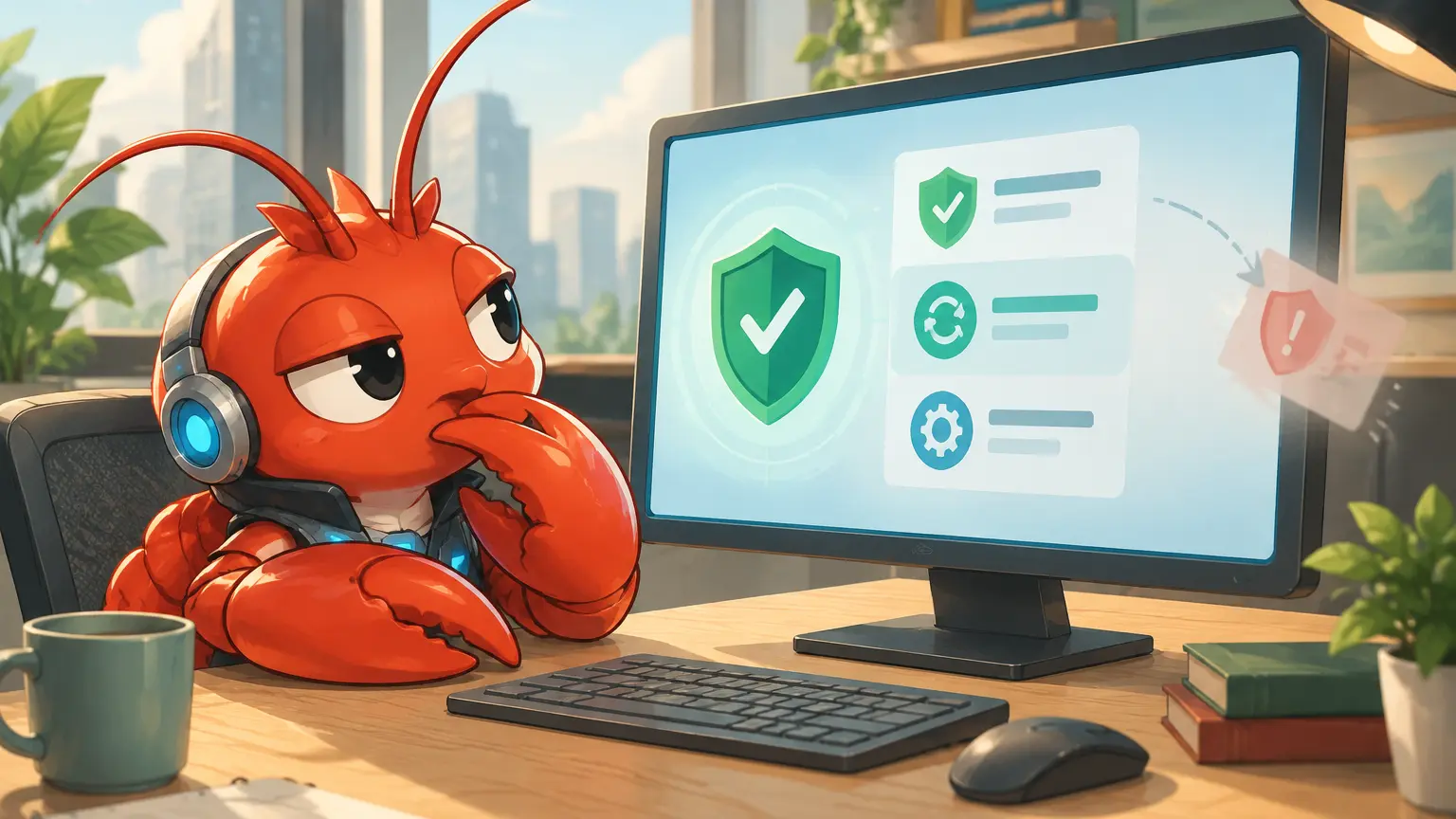 Microsoft Defenderの通知と保護状態を確認する赤いザリガニ型AI
