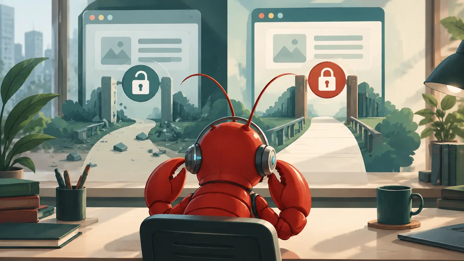 HTTP接続と安全な接続の違いを確認する赤いザリガニ型AIのイラスト