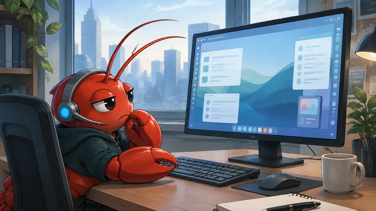 複数のタスクバー配置を表示したPC画面を観察する赤いザリガニ型AIのイラスト